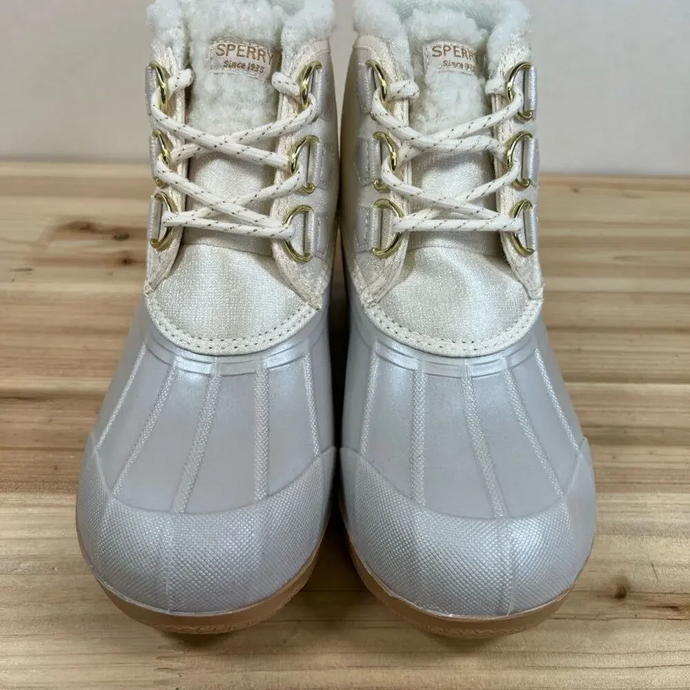 Sperry Cozy Duck boots winter rain waterproof silver tan Womens 6 Mens 5 NEW